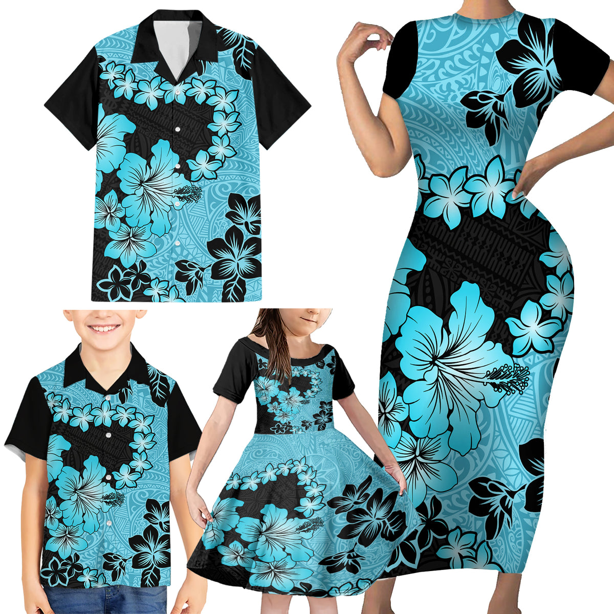 Blue Hawaii Family Matching Short Sleeve Bodycon Dress and Hawaiian Shirt Tapa Cloth Mix Tropical Flowers Pastel Vibes - Wonder Print Shop