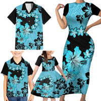 Blue Hawaii Family Matching Short Sleeve Bodycon Dress and Hawaiian Shirt Tapa Cloth Mix Tropical Flowers Pastel Vibes - Wonder Print Shop