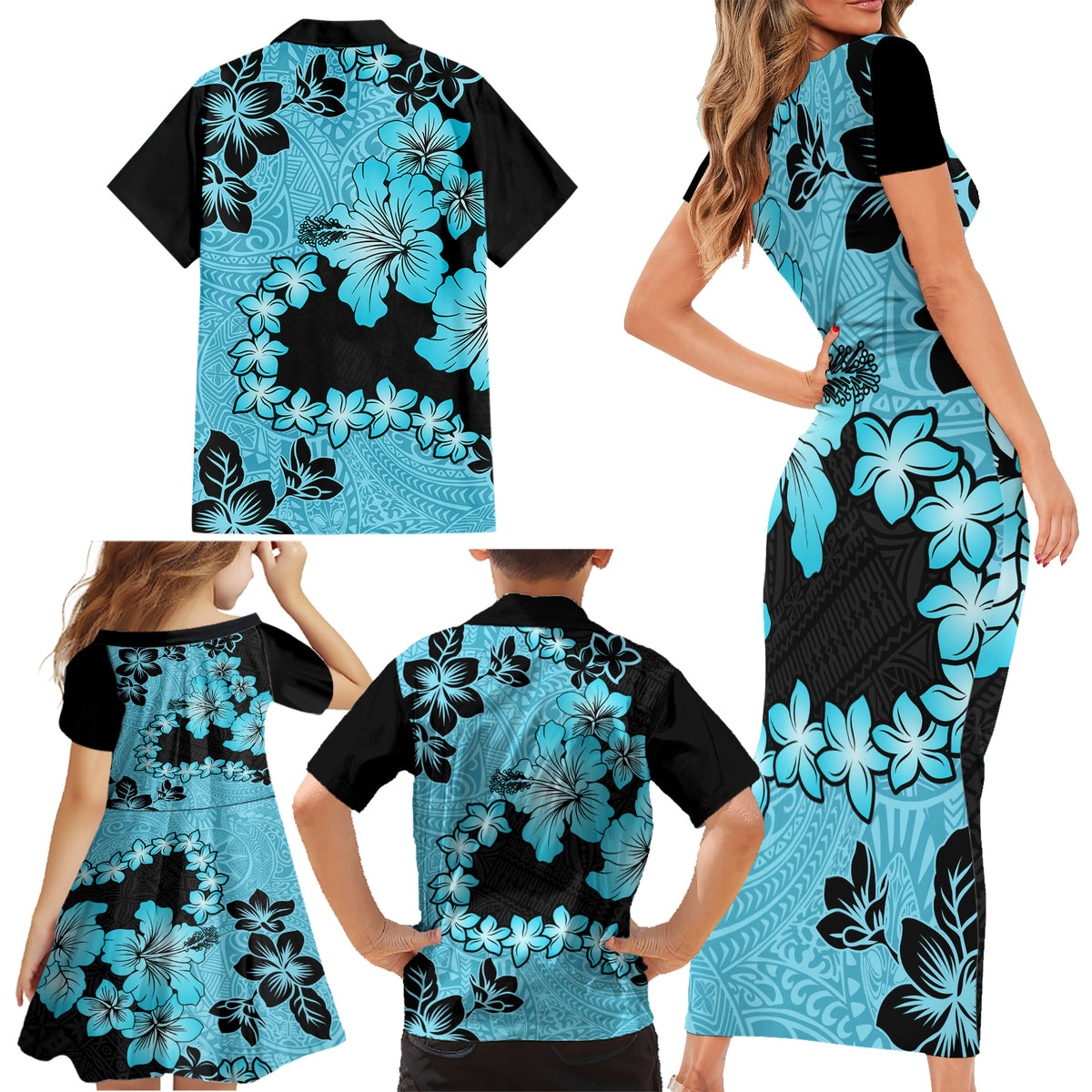 Blue Hawaii Family Matching Short Sleeve Bodycon Dress and Hawaiian Shirt Tapa Cloth Mix Tropical Flowers Pastel Vibes - Wonder Print Shop