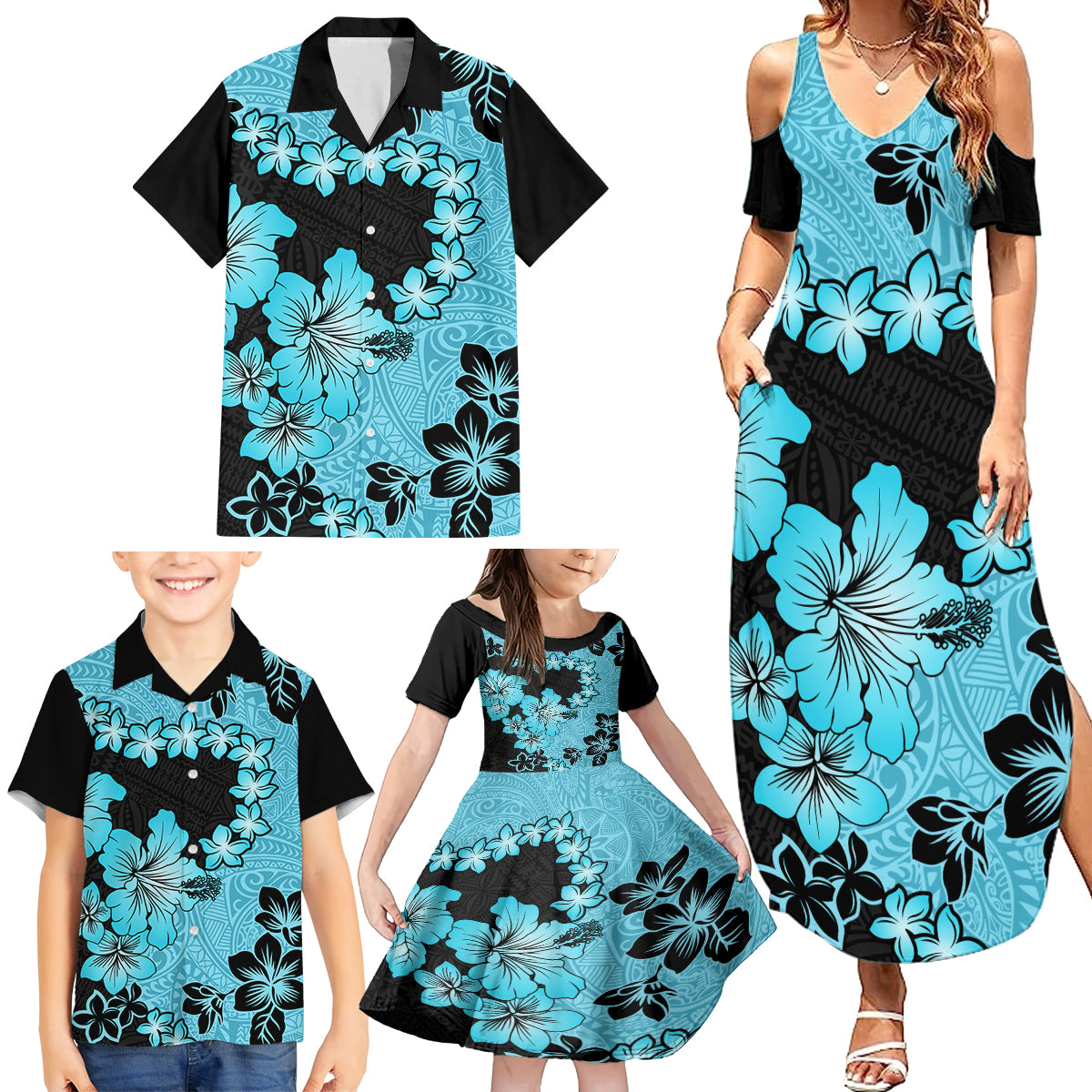 Blue Hawaii Family Matching Summer Maxi Dress and Hawaiian Shirt Tapa Cloth Mix Tropical Flowers Pastel Vibes - Wonder Print Shop