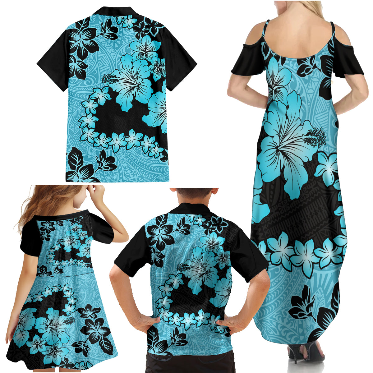 Blue Hawaii Family Matching Summer Maxi Dress and Hawaiian Shirt Tapa Cloth Mix Tropical Flowers Pastel Vibes - Wonder Print Shop