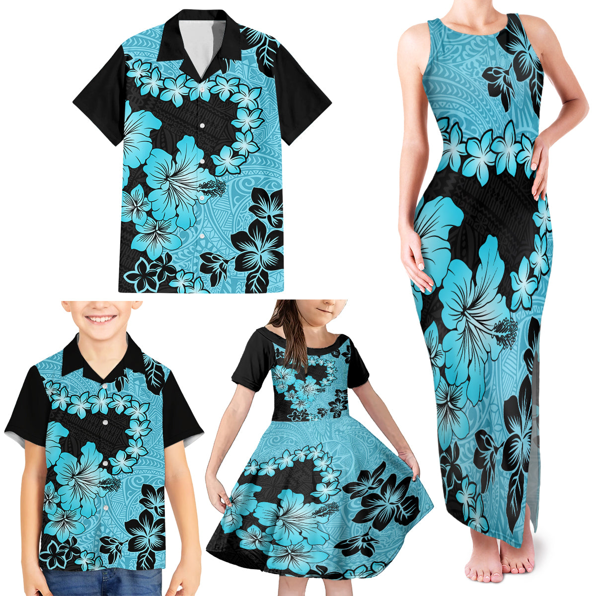 Blue Hawaii Family Matching Tank Maxi Dress and Hawaiian Shirt Tapa Cloth Mix Tropical Flowers Pastel Vibes - Wonder Print Shop
