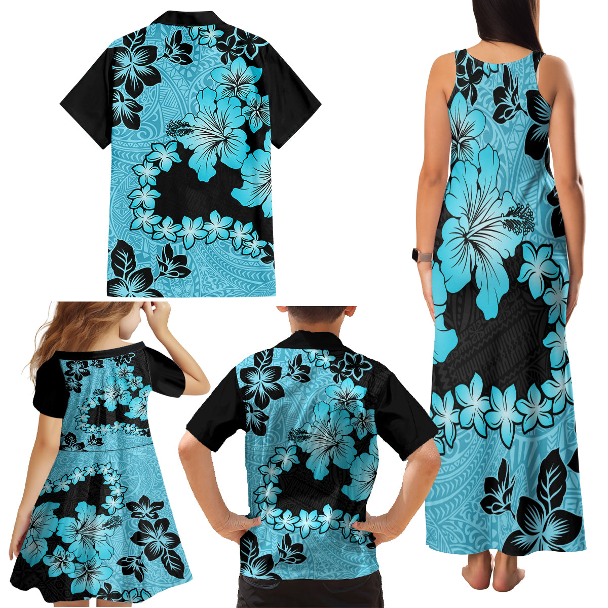 Blue Hawaii Family Matching Tank Maxi Dress and Hawaiian Shirt Tapa Cloth Mix Tropical Flowers Pastel Vibes - Wonder Print Shop