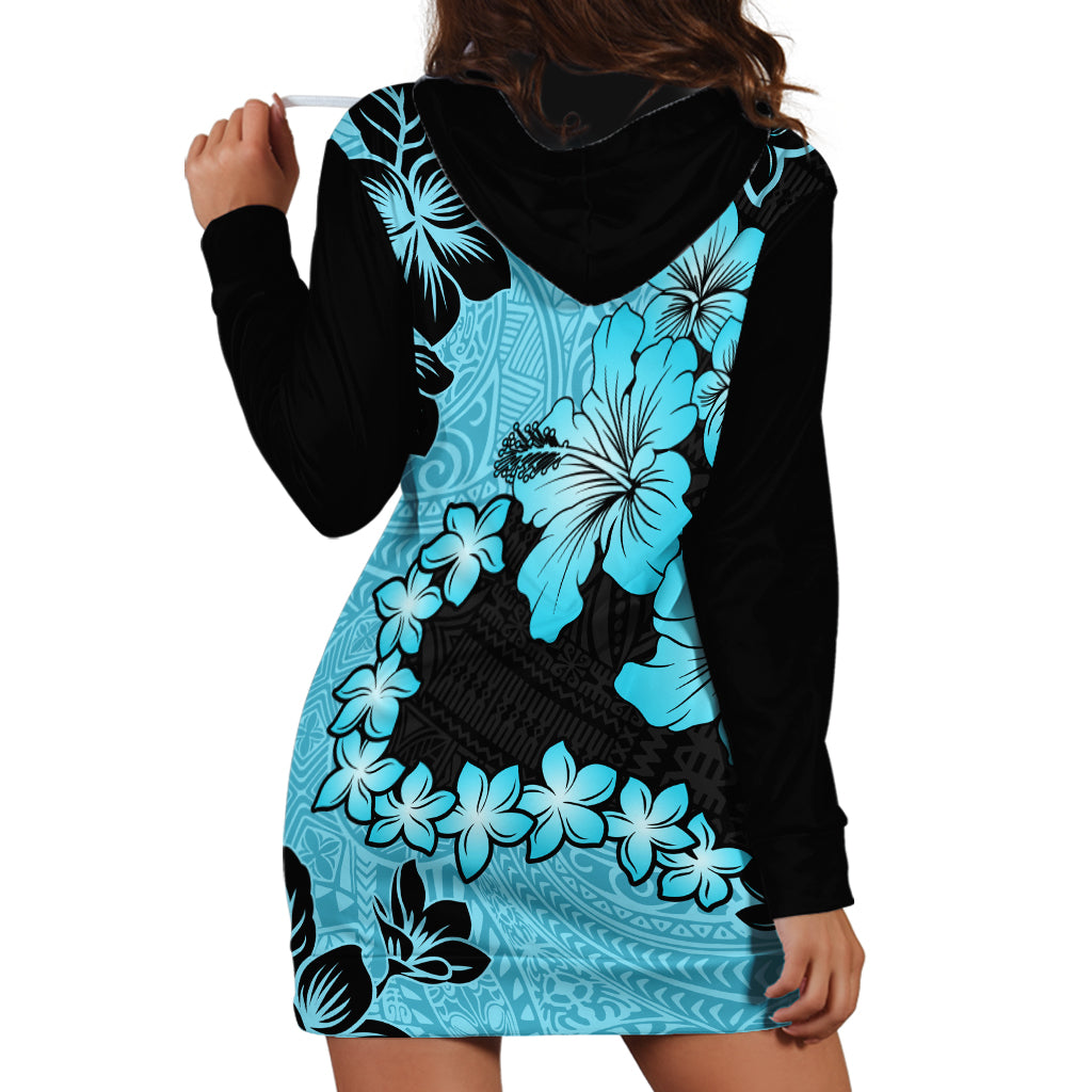 Blue Hawaii Hoodie Dress Tapa Cloth Mix Tropical Flowers Pastel Vibes - Wonder Print Shop
