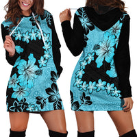 Blue Hawaii Hoodie Dress Tapa Cloth Mix Tropical Flowers Pastel Vibes - Wonder Print Shop