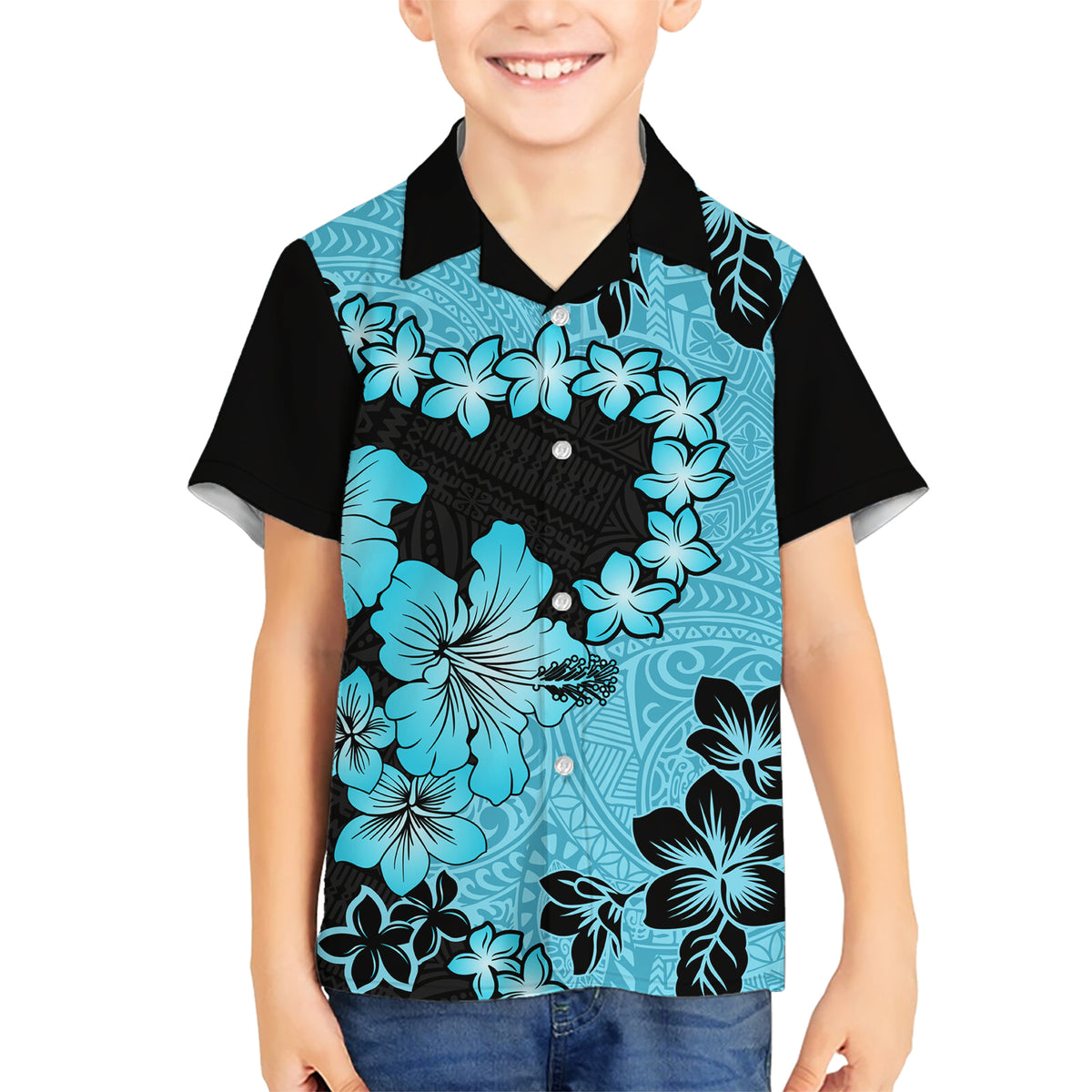 Blue Hawaii Kid Hawaiian Shirt Tapa Cloth Mix Tropical Flowers Pastel Vibes - Wonder Print Shop