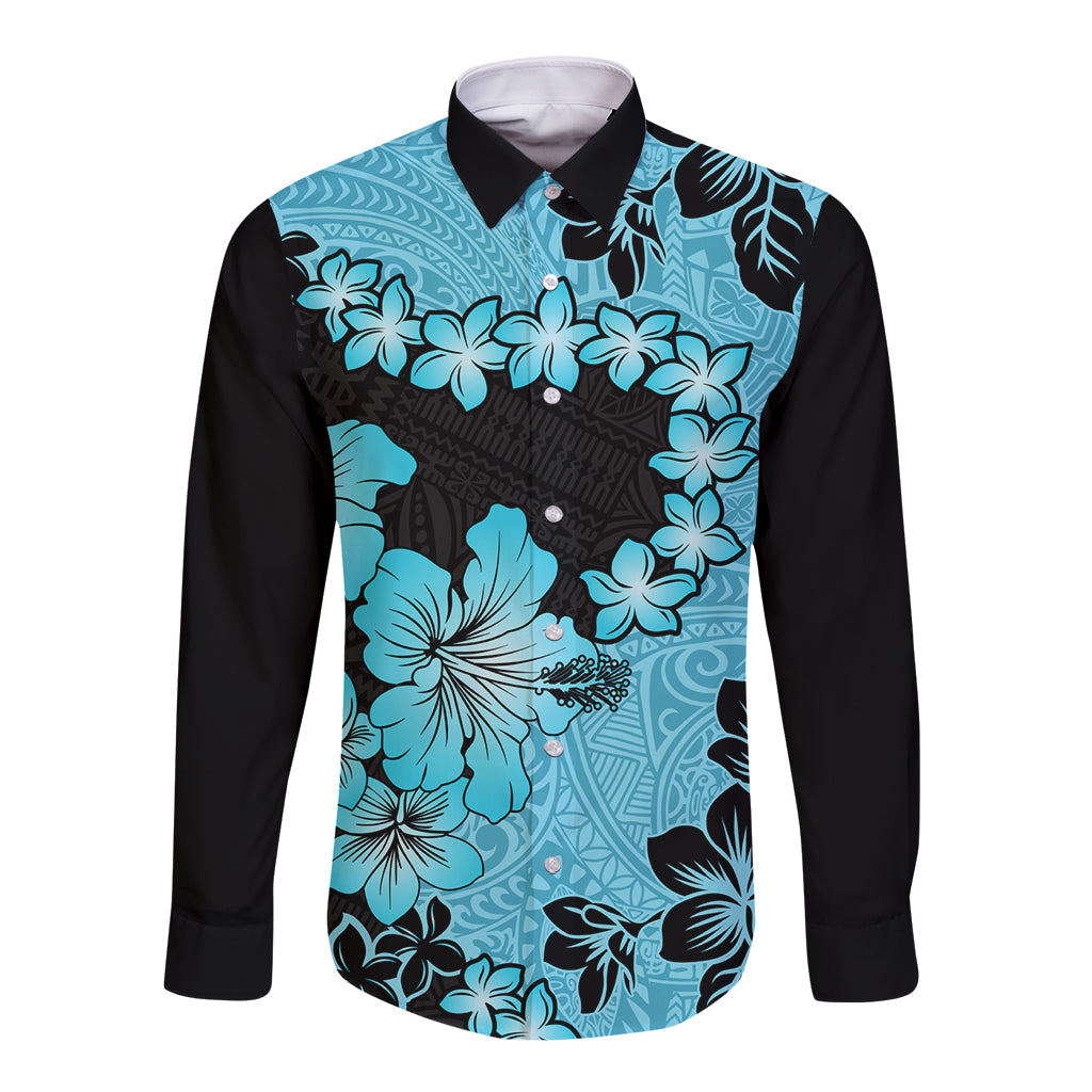 Blue Hawaii Long Sleeve Button Shirt Tapa Cloth Mix Tropical Flowers Pastel Vibes - Wonder Print Shop