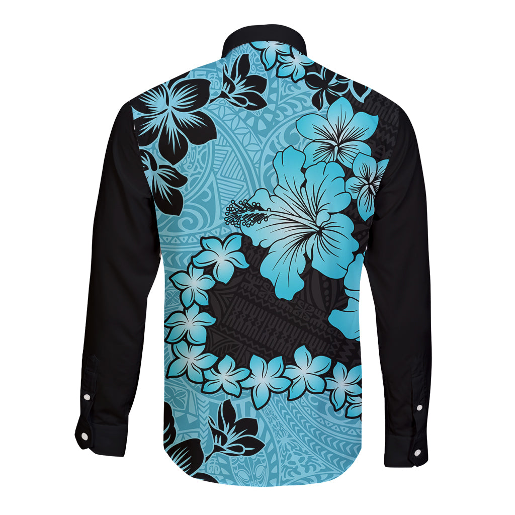 Blue Hawaii Long Sleeve Button Shirt Tapa Cloth Mix Tropical Flowers Pastel Vibes - Wonder Print Shop