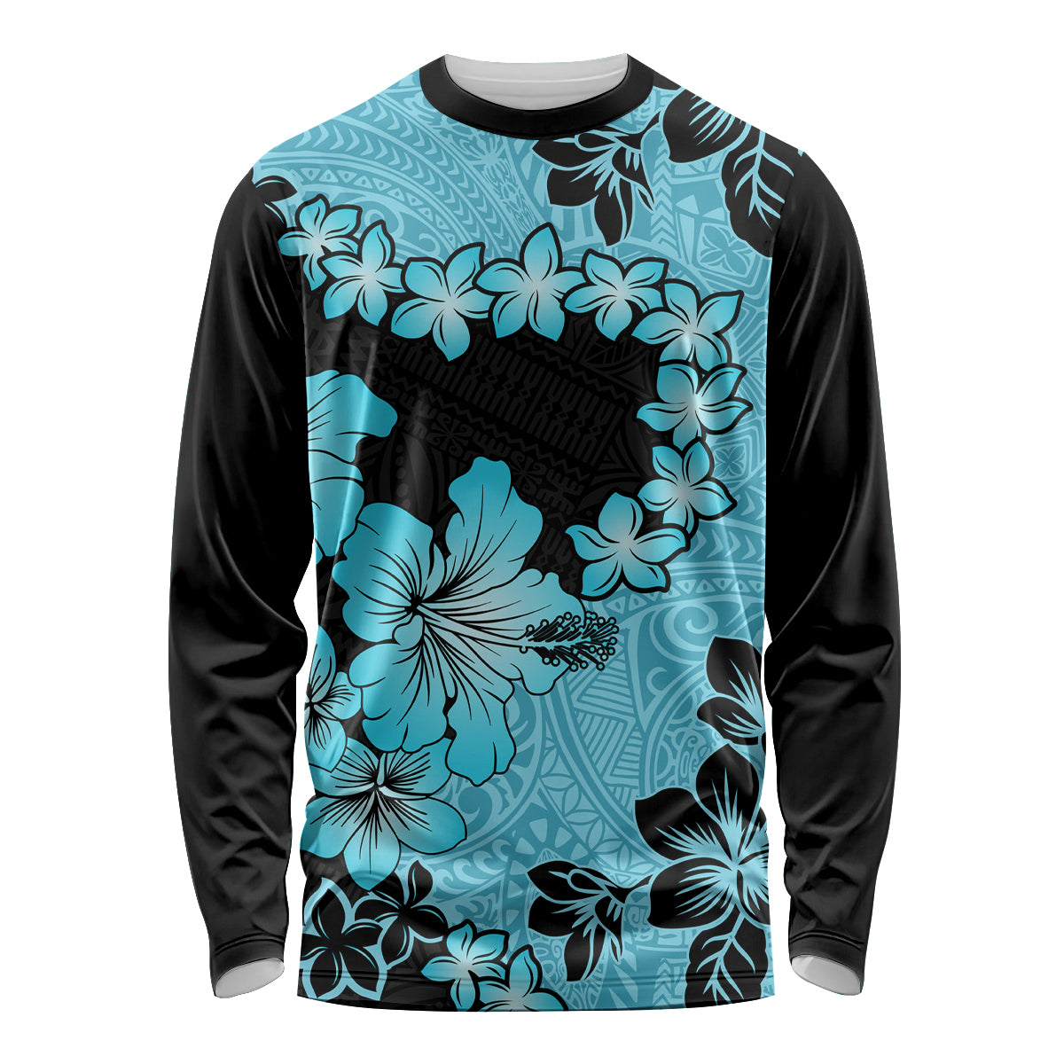 Blue Hawaii Long Sleeve Shirt Tapa Cloth Mix Tropical Flowers Pastel Vibes - Wonder Print Shop