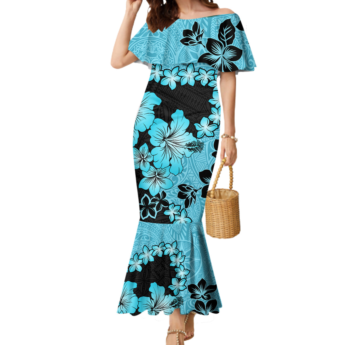 Blue Hawaii Mermaid Dress Tapa Cloth Mix Tropical Flowers Pastel Vibes - Wonder Print Shop