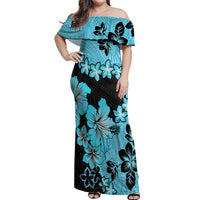 Blue Hawaii Off Shoulder Maxi Dress Tapa Cloth Mix Tropical Flowers Pastel Vibes - Wonder Print Shop