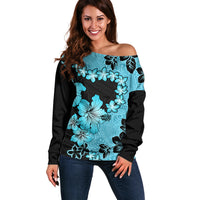 Blue Hawaii Off Shoulder Sweater Tapa Cloth Mix Tropical Flowers Pastel Vibes - Wonder Print Shop