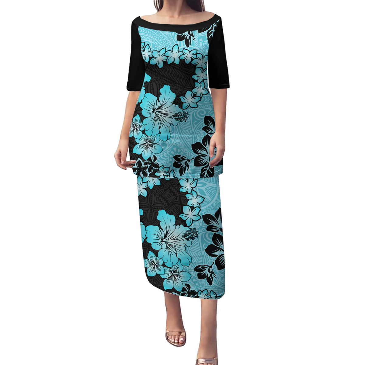 Blue Hawaii Puletasi Tapa Cloth Mix Tropical Flowers Pastel Vibes - Wonder Print Shop