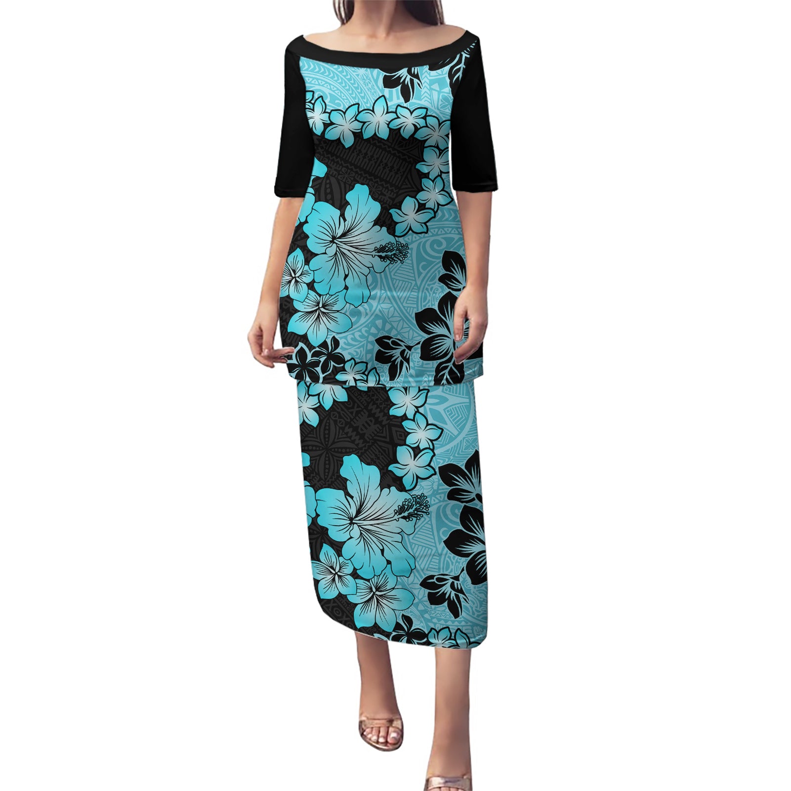 Blue Hawaii Puletasi Tapa Cloth Mix Tropical Flowers Pastel Vibes - Wonder Print Shop