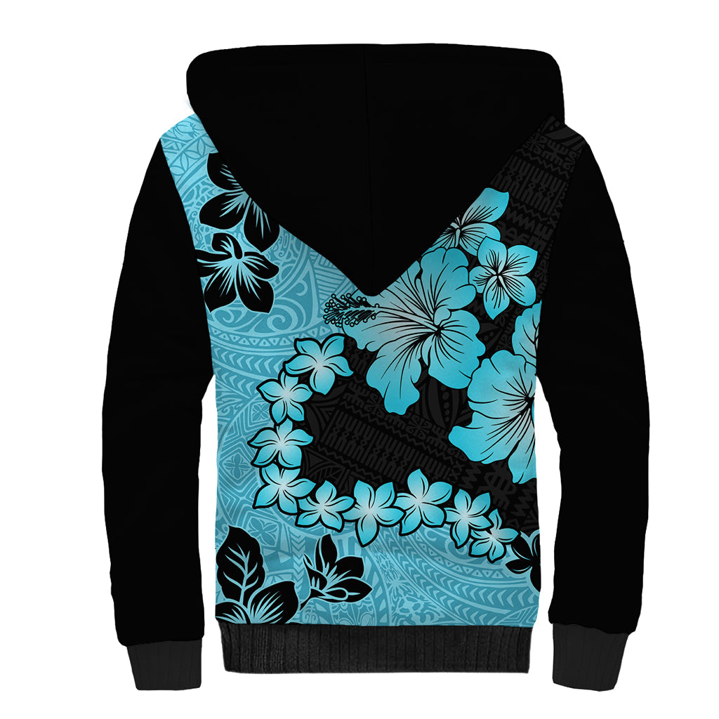 Blue Hawaii Sherpa Hoodie Tapa Cloth Mix Tropical Flowers Pastel Vibes - Wonder Print Shop