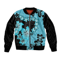 Blue Hawaii Sleeve Zip Bomber Jacket Tapa Cloth Mix Tropical Flowers Pastel Vibes - Wonder Print Shop