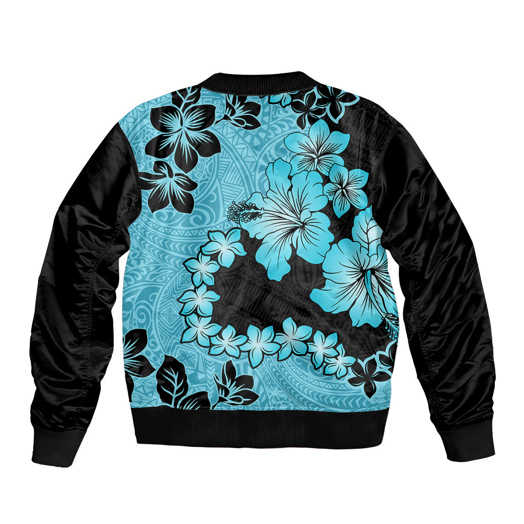 Blue Hawaii Sleeve Zip Bomber Jacket Tapa Cloth Mix Tropical Flowers Pastel Vibes - Wonder Print Shop