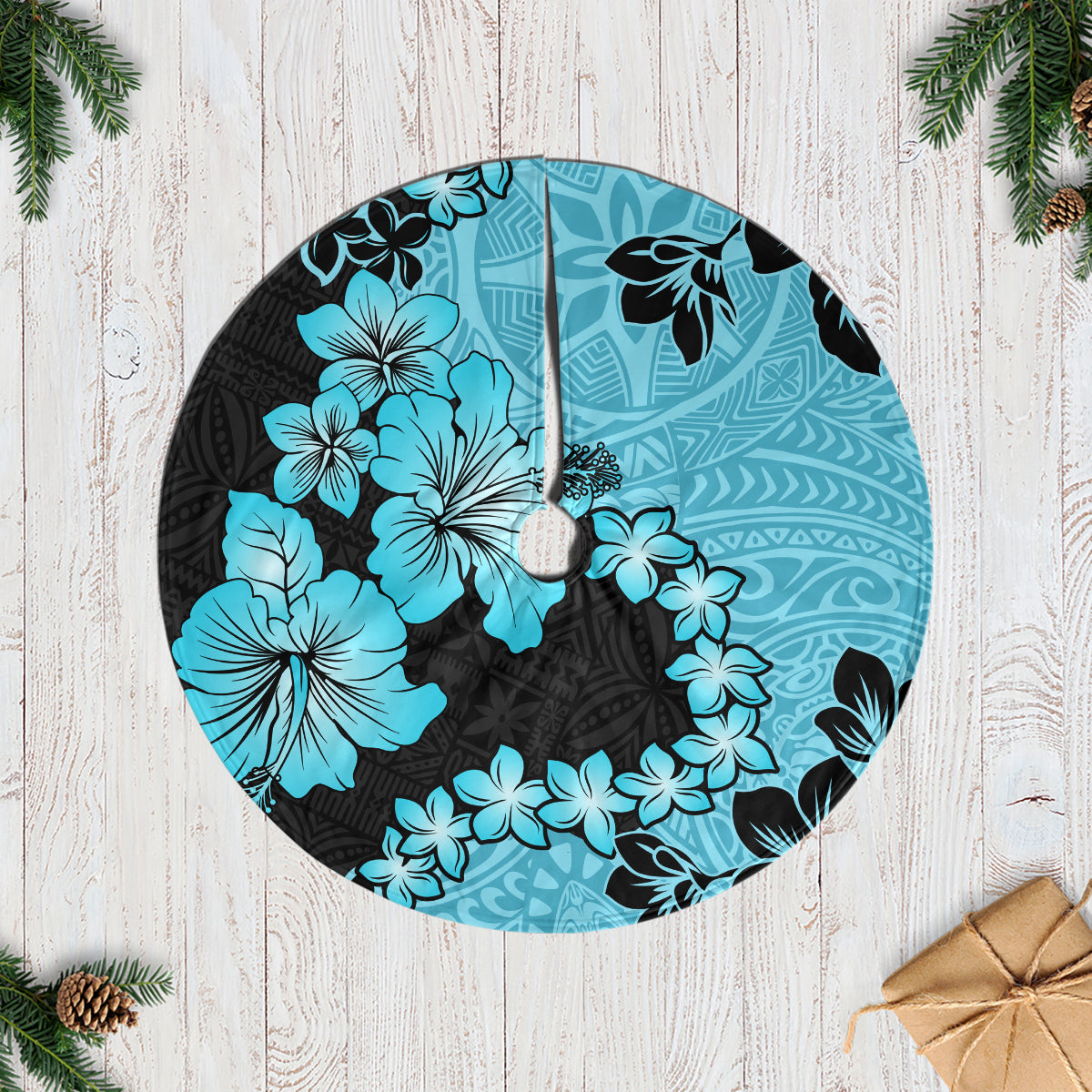 Blue Hawaii Tree Skirt Tapa Cloth Mix Tropical Flowers Pastel Vibes - Wonder Print Shop