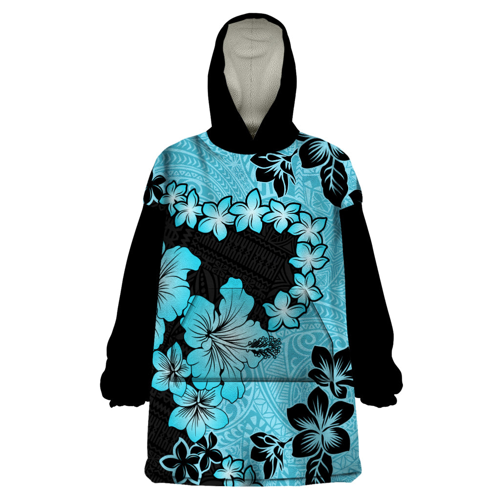 Blue Hawaii Wearable Blanket Hoodie Tapa Cloth Mix Tropical Flowers Pastel Vibes - Wonder Print Shop