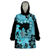 Blue Hawaii Wearable Blanket Hoodie Tapa Cloth Mix Tropical Flowers Pastel Vibes - Wonder Print Shop
