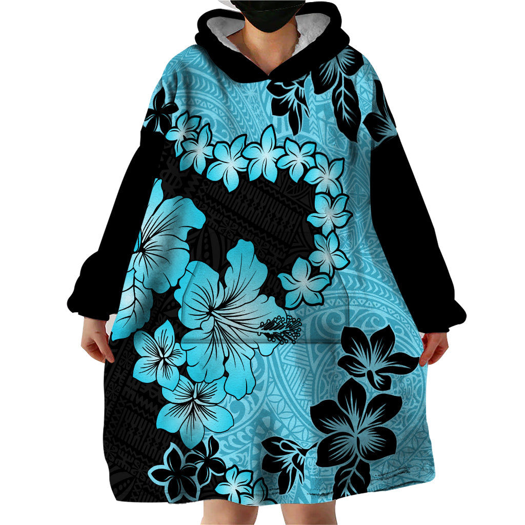 Blue Hawaii Wearable Blanket Hoodie Tapa Cloth Mix Tropical Flowers Pastel Vibes - Wonder Print Shop