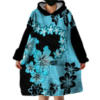 Blue Hawaii Wearable Blanket Hoodie Tapa Cloth Mix Tropical Flowers Pastel Vibes - Wonder Print Shop