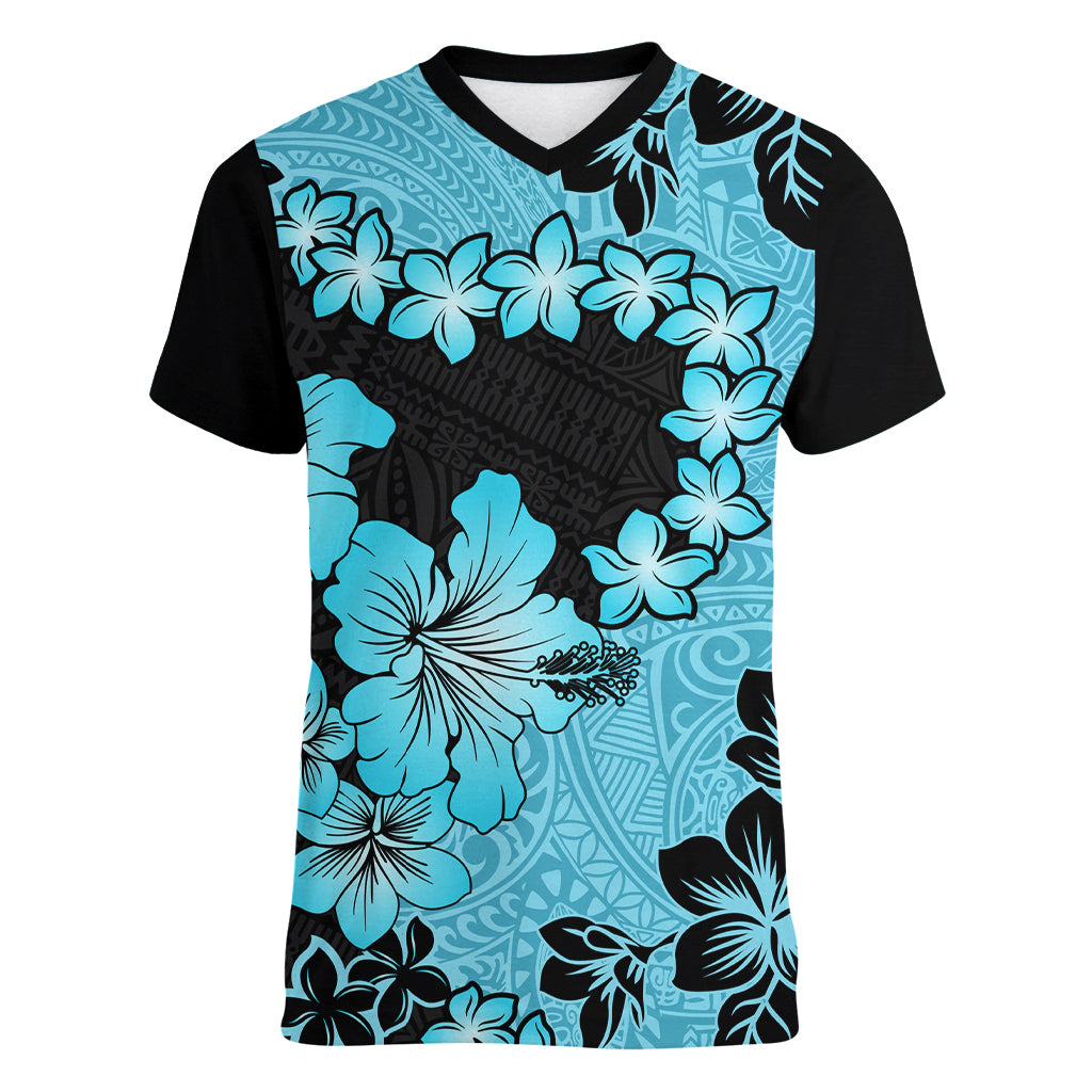 Blue Hawaii Women V Neck T Shirt Tapa Cloth Mix Tropical Flowers Pastel Vibes - Wonder Print Shop