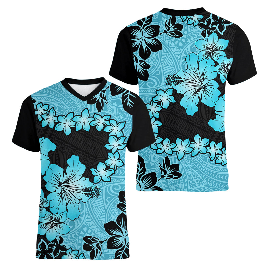 Blue Hawaii Women V Neck T Shirt Tapa Cloth Mix Tropical Flowers Pastel Vibes - Wonder Print Shop