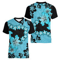 Blue Hawaii Women V Neck T Shirt Tapa Cloth Mix Tropical Flowers Pastel Vibes - Wonder Print Shop