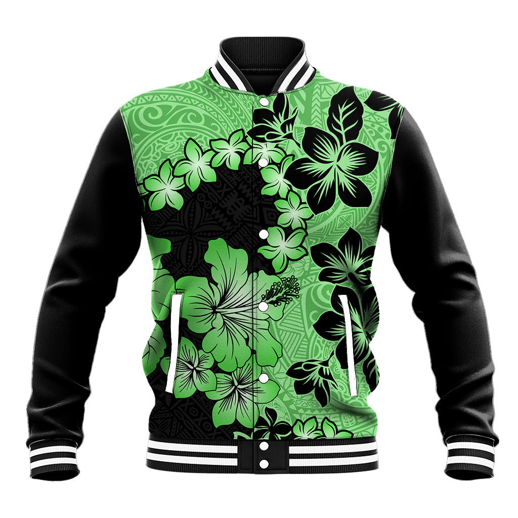 Green Hawaii Baseball Jacket Tapa Cloth Mix Tropical Flowers Pastel Vibes - Wonder Print Shop