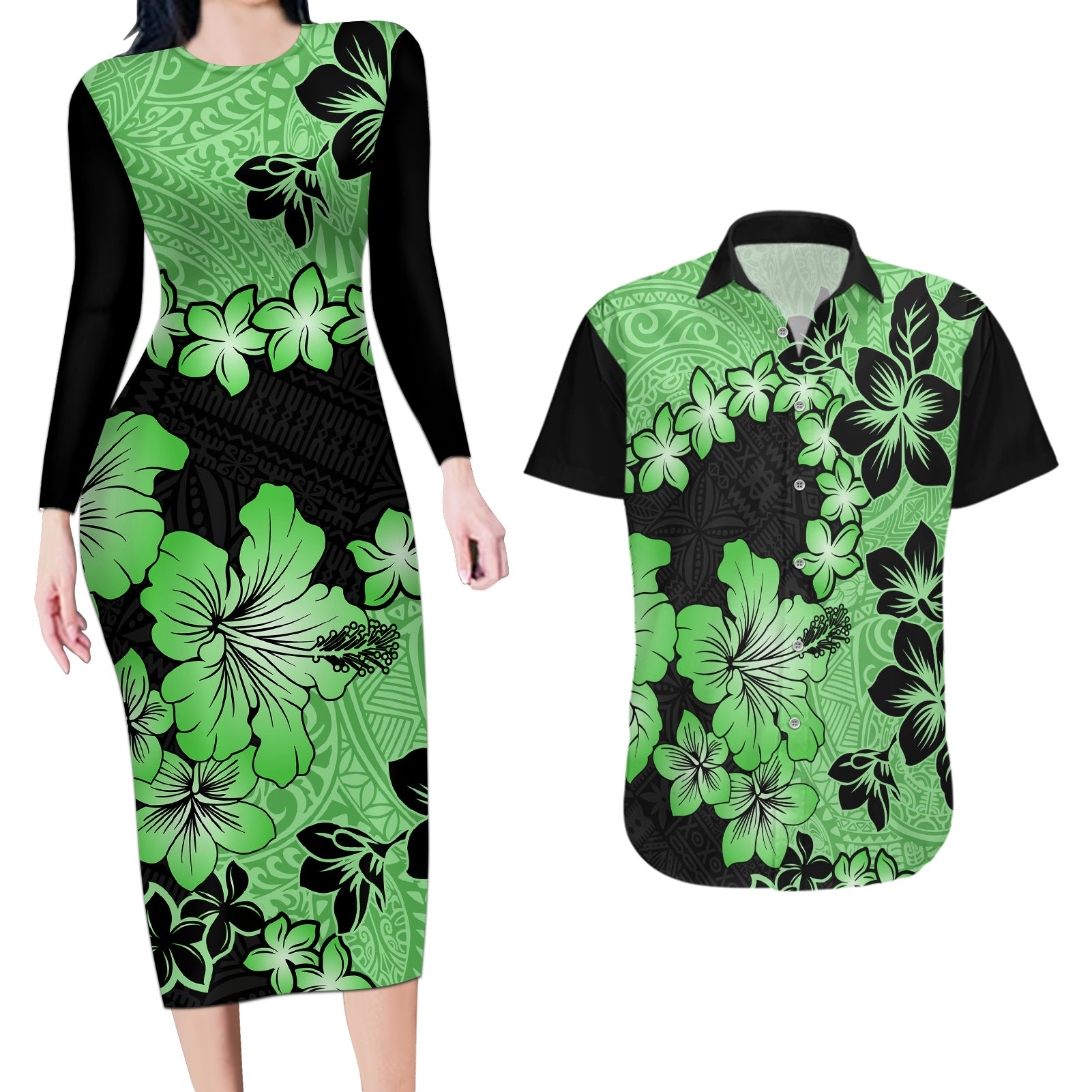 Green Hawaii Couples Matching Long Sleeve Bodycon Dress and Hawaiian Shirt Tapa Cloth Mix Tropical Flowers Pastel Vibes - Wonder Print Shop