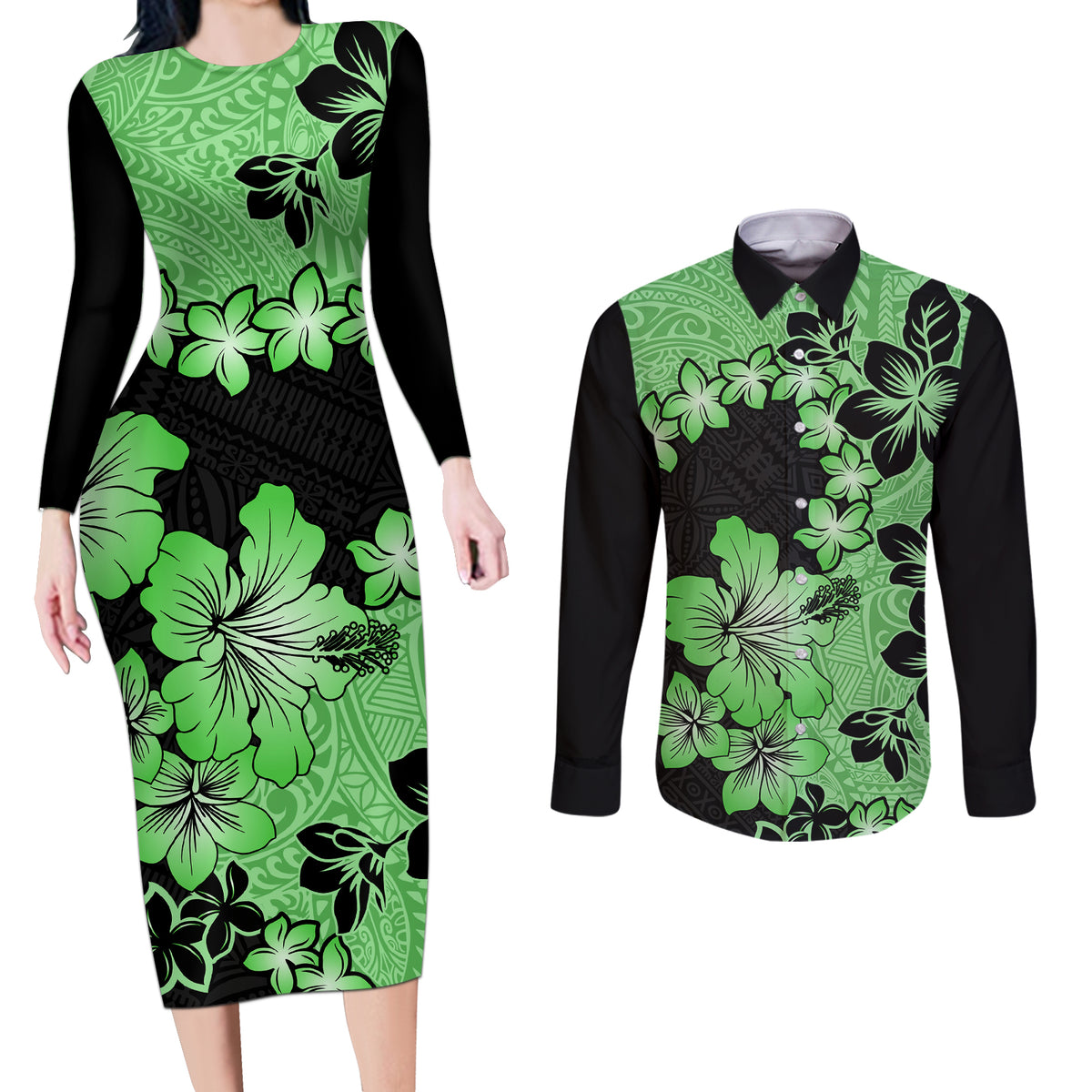 Green Hawaii Couples Matching Long Sleeve Bodycon Dress and Long Sleeve Button Shirt Tapa Cloth Mix Tropical Flowers Pastel Vibes - Wonder Print Shop