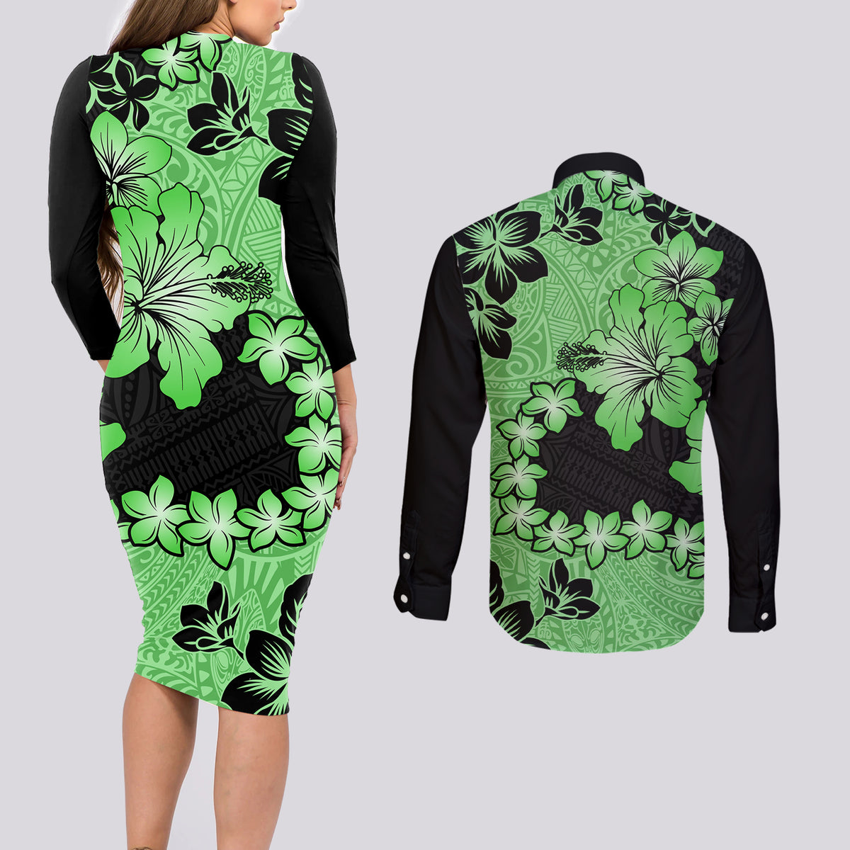 Green Hawaii Couples Matching Long Sleeve Bodycon Dress and Long Sleeve Button Shirt Tapa Cloth Mix Tropical Flowers Pastel Vibes - Wonder Print Shop
