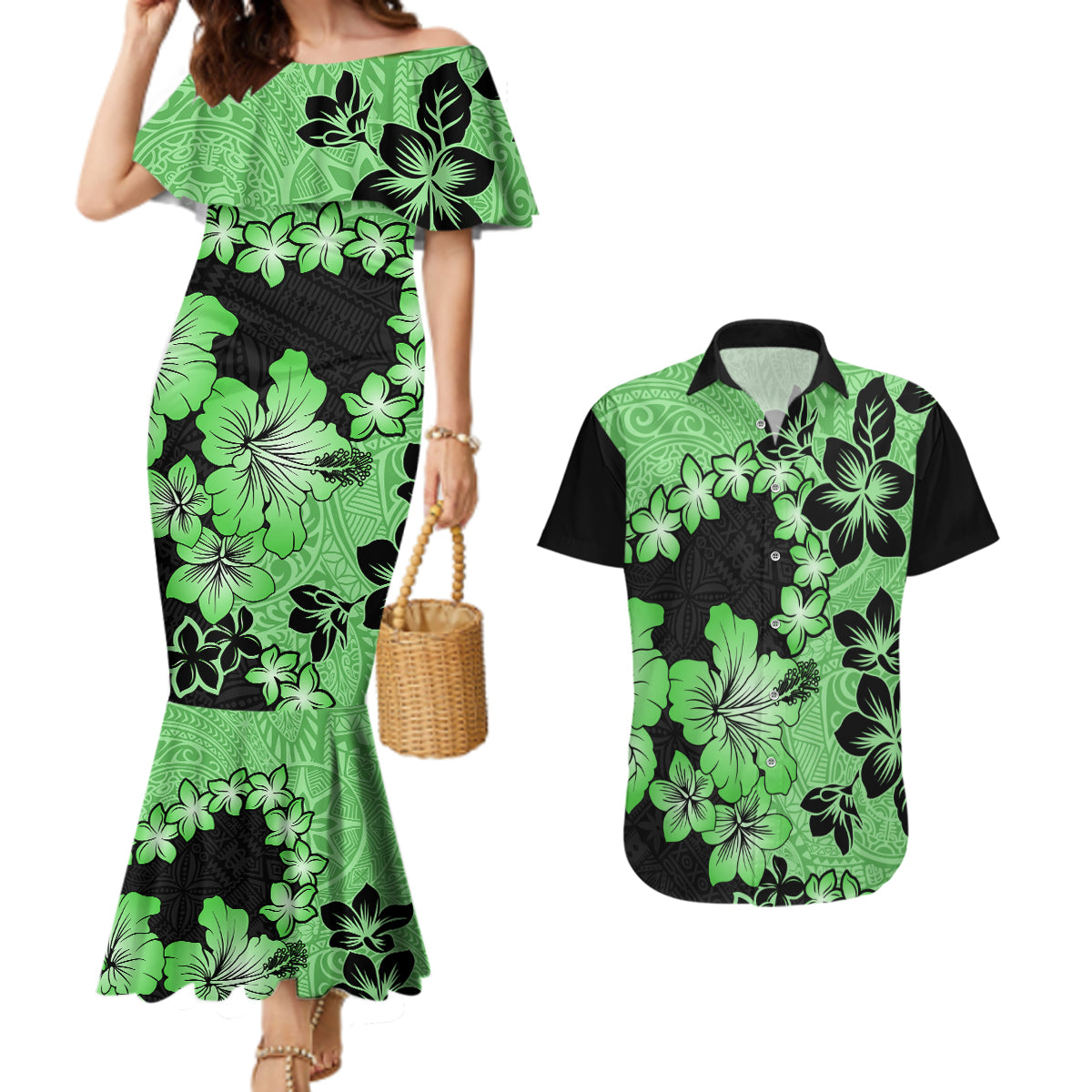 Green Hawaii Couples Matching Mermaid Dress and Hawaiian Shirt Tapa Cloth Mix Tropical Flowers Pastel Vibes - Wonder Print Shop