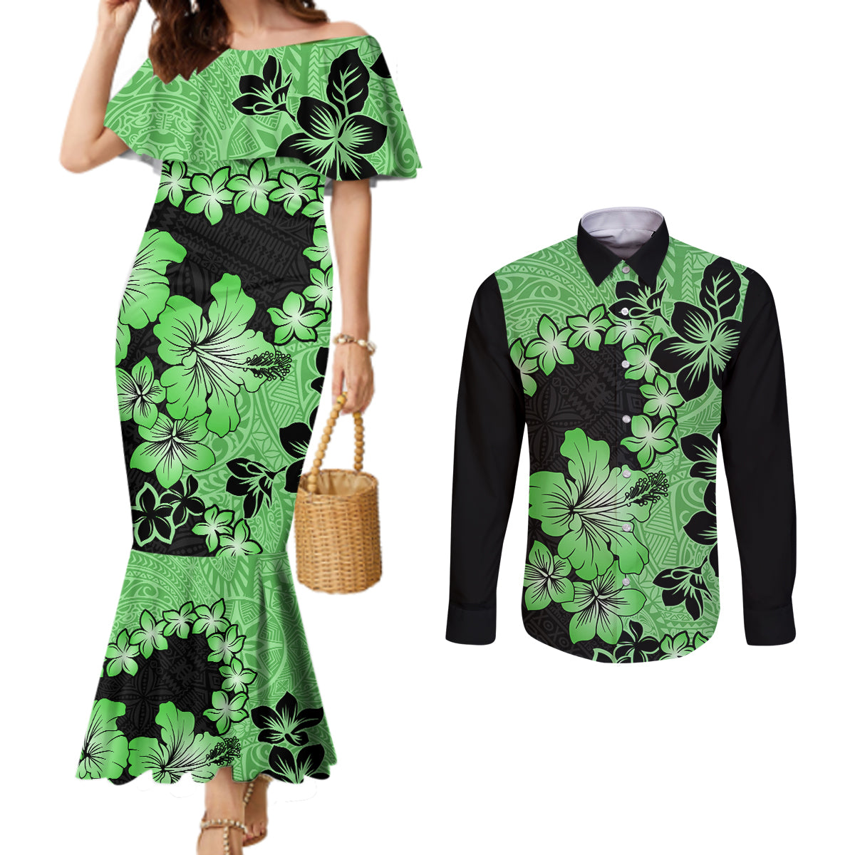 green-hawaii-couples-matching-mermaid-dress-and-long-sleeve-button-shirt-tapa-cloth-mix-tropical-flowers-pastel-vibes