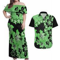 Green Hawaii Couples Matching Off Shoulder Maxi Dress and Hawaiian Shirt Tapa Cloth Mix Tropical Flowers Pastel Vibes - Wonder Print Shop