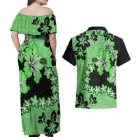 Green Hawaii Couples Matching Off Shoulder Maxi Dress and Hawaiian Shirt Tapa Cloth Mix Tropical Flowers Pastel Vibes - Wonder Print Shop