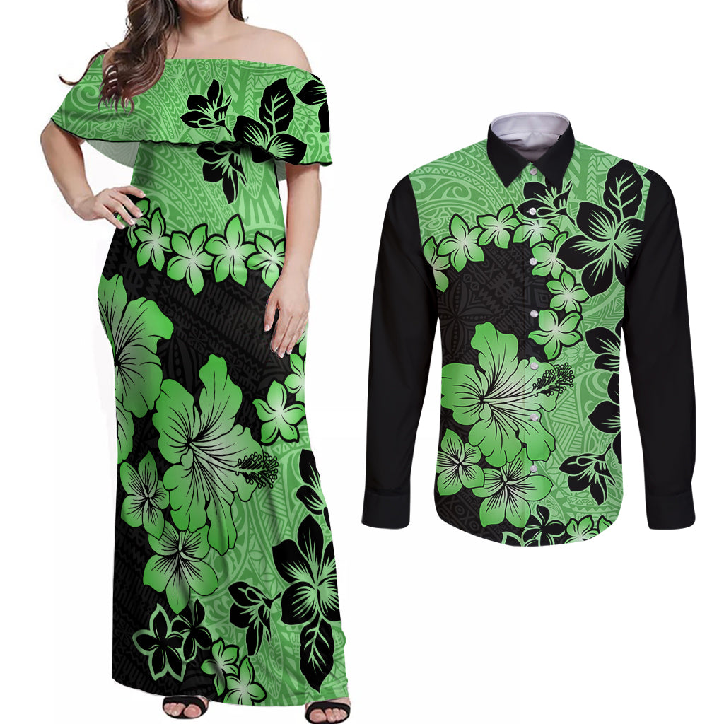 Green Hawaii Couples Matching Off Shoulder Maxi Dress and Long Sleeve Button Shirt Tapa Cloth Mix Tropical Flowers Pastel Vibes - Wonder Print Shop