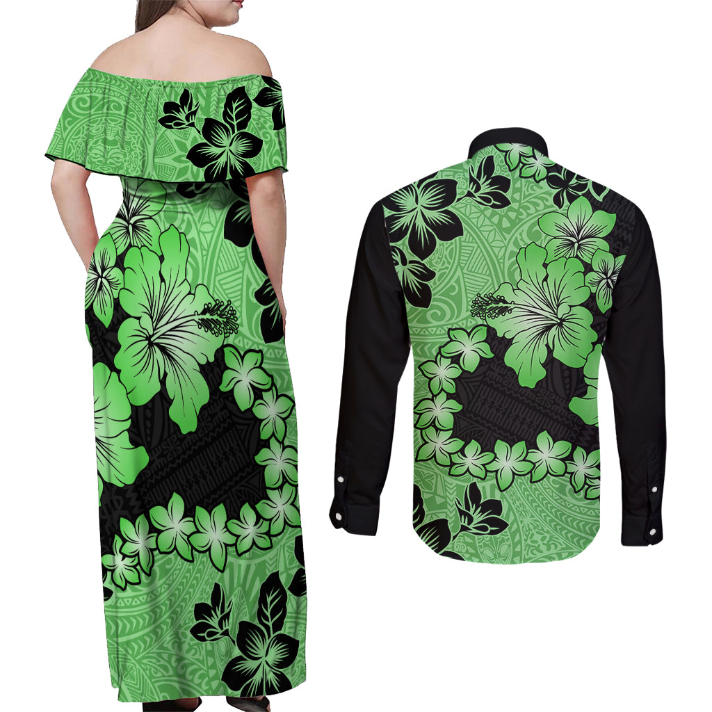 Green Hawaii Couples Matching Off Shoulder Maxi Dress and Long Sleeve Button Shirt Tapa Cloth Mix Tropical Flowers Pastel Vibes - Wonder Print Shop