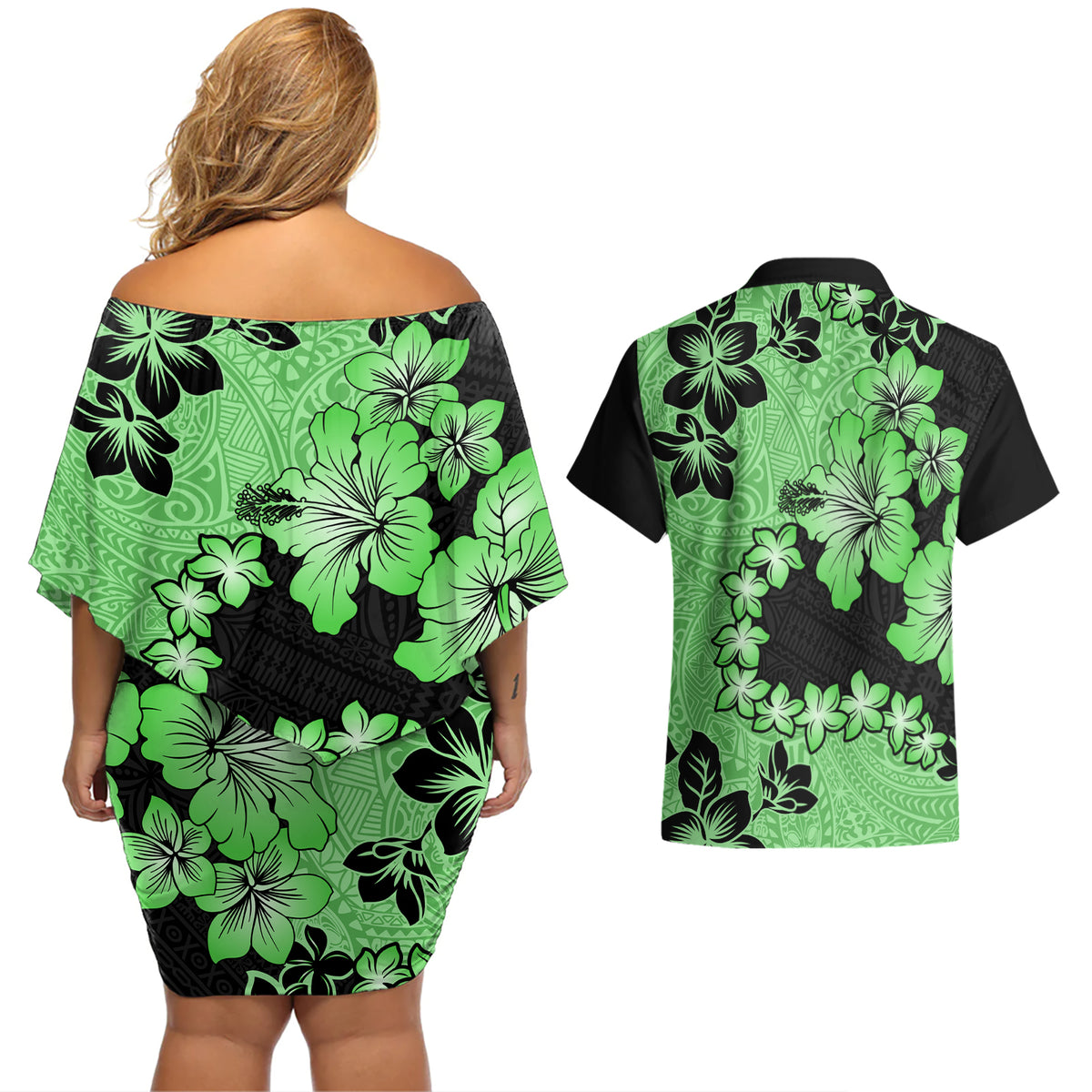 Green Hawaii Couples Matching Off Shoulder Short Dress and Hawaiian Shirt Tapa Cloth Mix Tropical Flowers Pastel Vibes - Wonder Print Shop