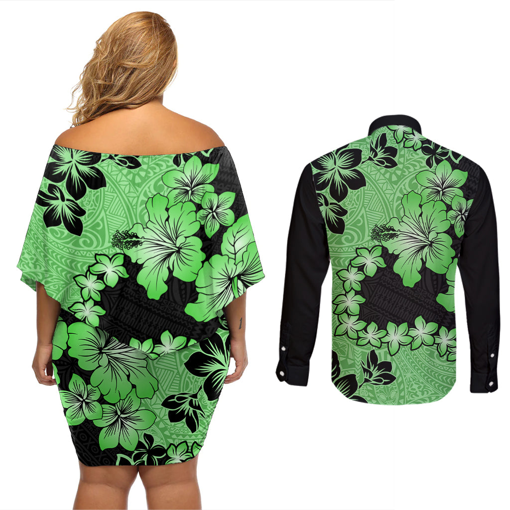 Green Hawaii Couples Matching Off Shoulder Short Dress and Long Sleeve Button Shirt Tapa Cloth Mix Tropical Flowers Pastel Vibes - Wonder Print Shop