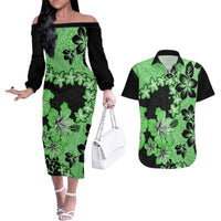 Green Hawaii Couples Matching Off The Shoulder Long Sleeve Dress and Hawaiian Shirt Tapa Cloth Mix Tropical Flowers Pastel Vibes - Wonder Print Shop