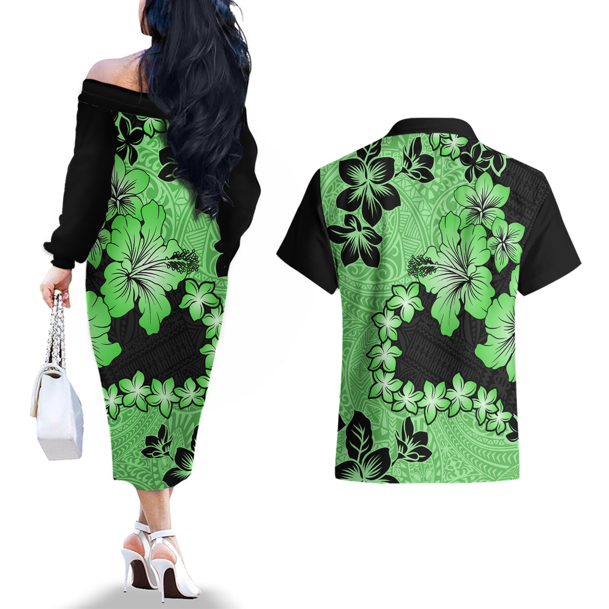 Green Hawaii Couples Matching Off The Shoulder Long Sleeve Dress and Hawaiian Shirt Tapa Cloth Mix Tropical Flowers Pastel Vibes - Wonder Print Shop