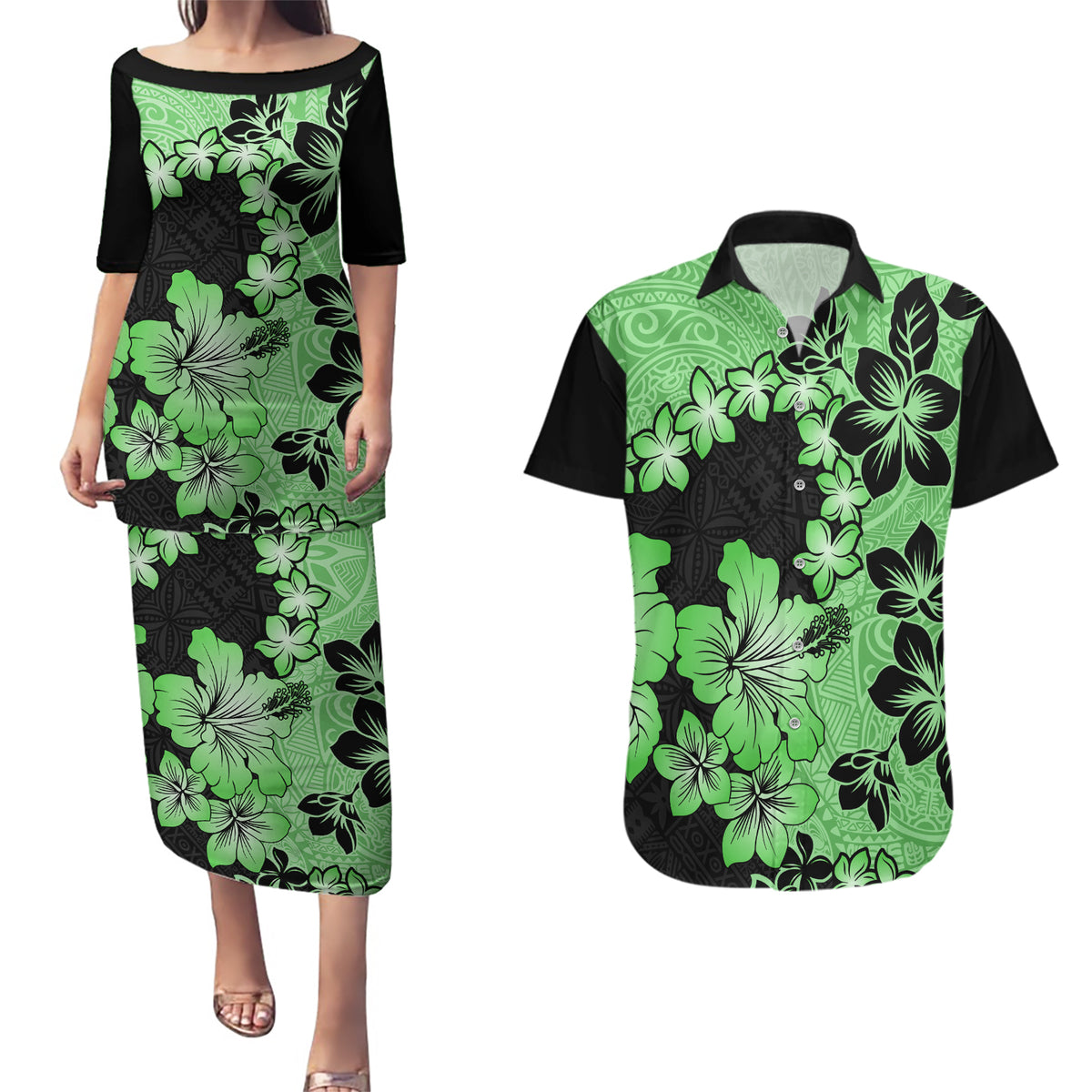 Green Hawaii Couples Matching Puletasi Dress and Hawaiian Shirt Tapa Cloth Mix Tropical Flowers Pastel Vibes - Wonder Print Shop