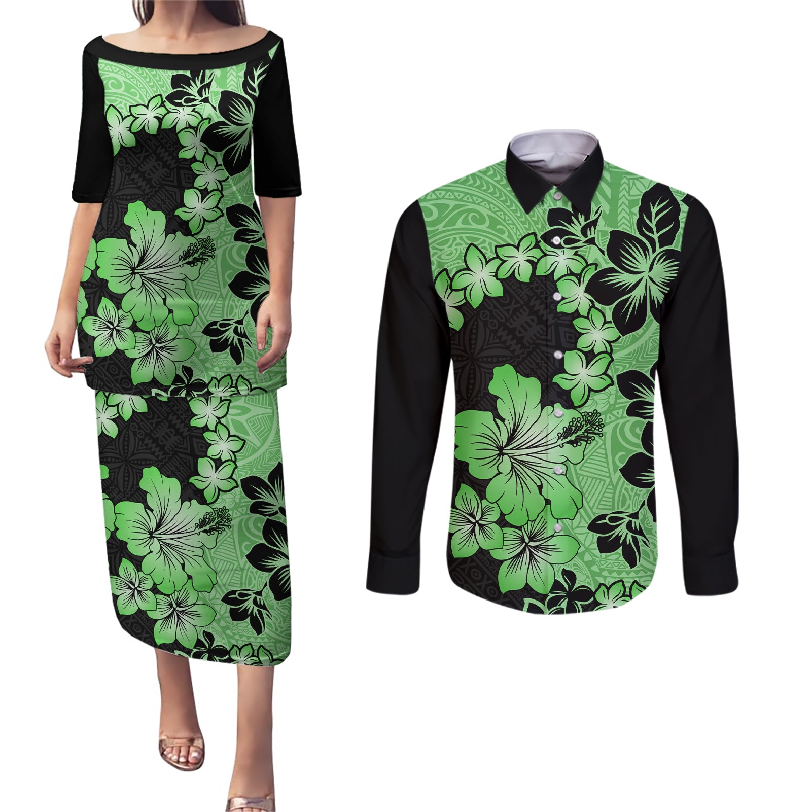 Green Hawaii Couples Matching Puletasi Dress and Long Sleeve Button Shirt Tapa Cloth Mix Tropical Flowers Pastel Vibes - Wonder Print Shop