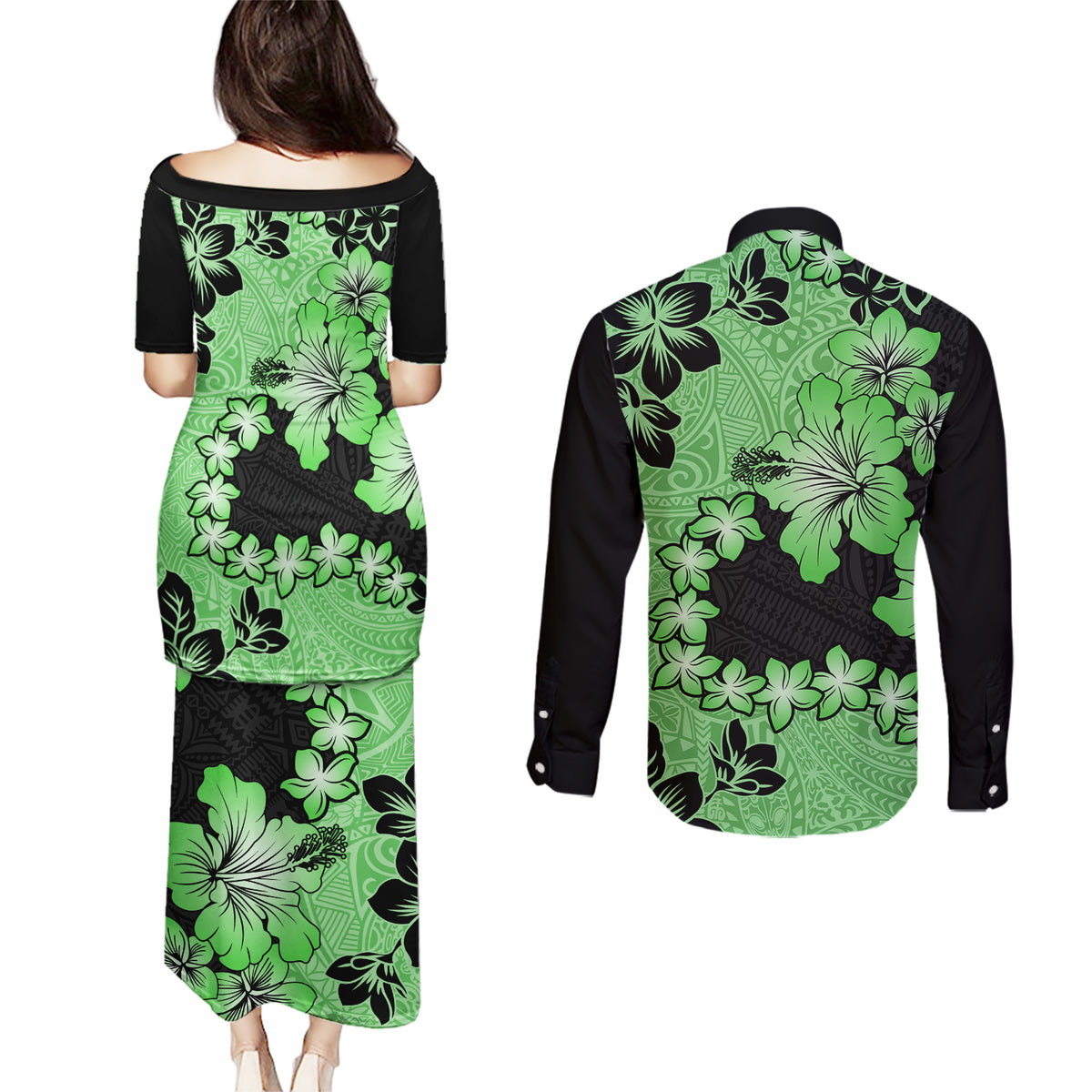 Green Hawaii Couples Matching Puletasi Dress and Long Sleeve Button Shirt Tapa Cloth Mix Tropical Flowers Pastel Vibes - Wonder Print Shop