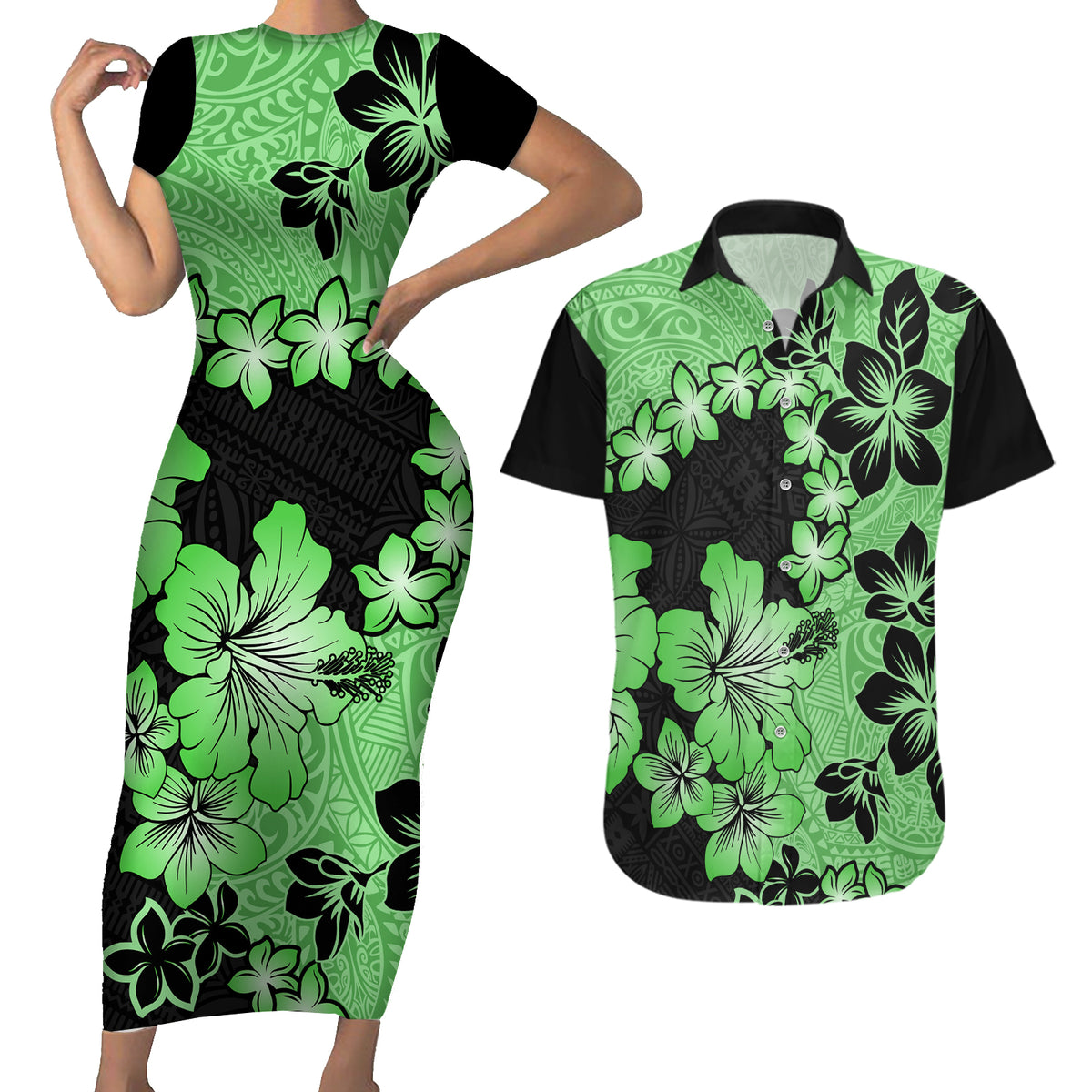Green Hawaii Couples Matching Short Sleeve Bodycon Dress and Hawaiian Shirt Tapa Cloth Mix Tropical Flowers Pastel Vibes - Wonder Print Shop