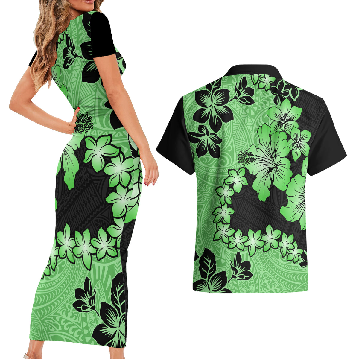 Green Hawaii Couples Matching Short Sleeve Bodycon Dress and Hawaiian Shirt Tapa Cloth Mix Tropical Flowers Pastel Vibes - Wonder Print Shop