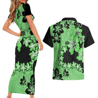 Green Hawaii Couples Matching Short Sleeve Bodycon Dress and Hawaiian Shirt Tapa Cloth Mix Tropical Flowers Pastel Vibes - Wonder Print Shop