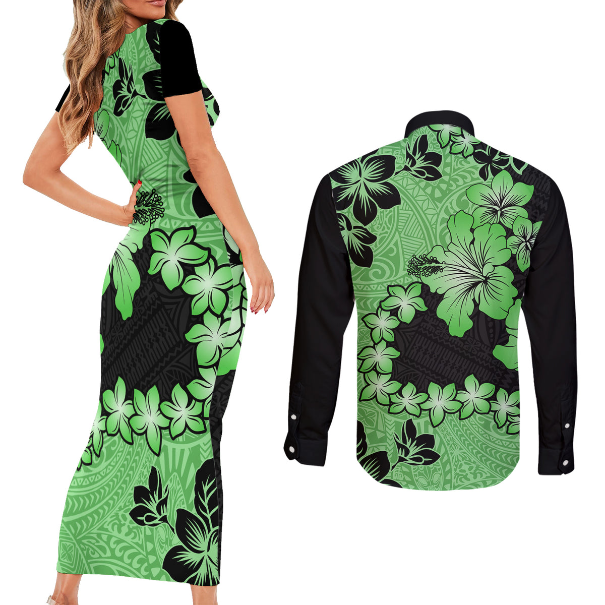 Green Hawaii Couples Matching Short Sleeve Bodycon Dress and Long Sleeve Button Shirt Tapa Cloth Mix Tropical Flowers Pastel Vibes - Wonder Print Shop